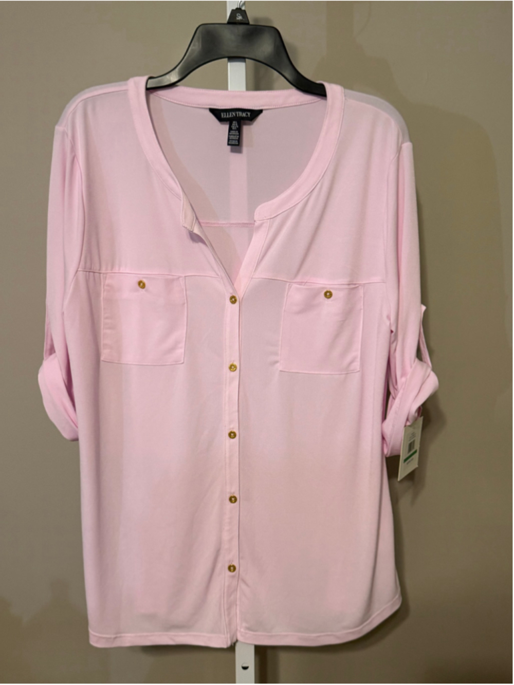 Women's Ellen Tracy Blouse Size L Pink Gold Button Down